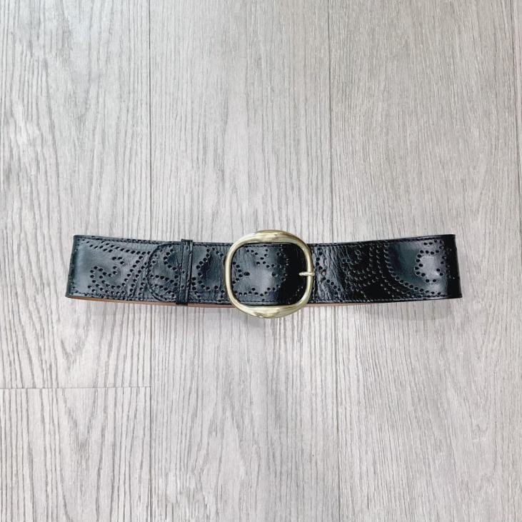 High-waist wide leather belt with perforated patterns and brass gold buckle - Bekaloo