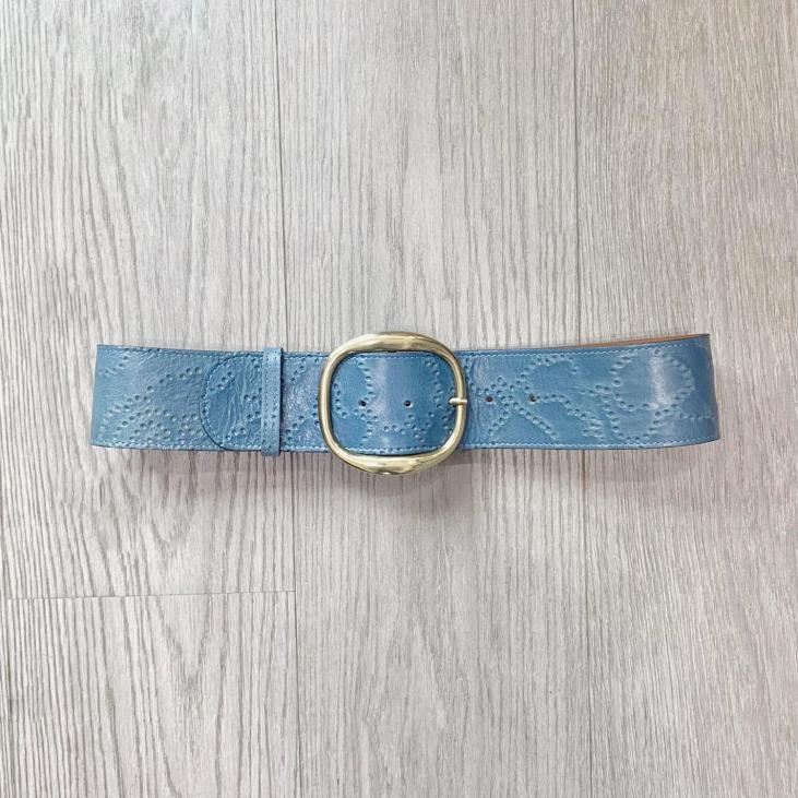 High-waist wide leather belt with perforated patterns and brass gold buckle - Bekaloo