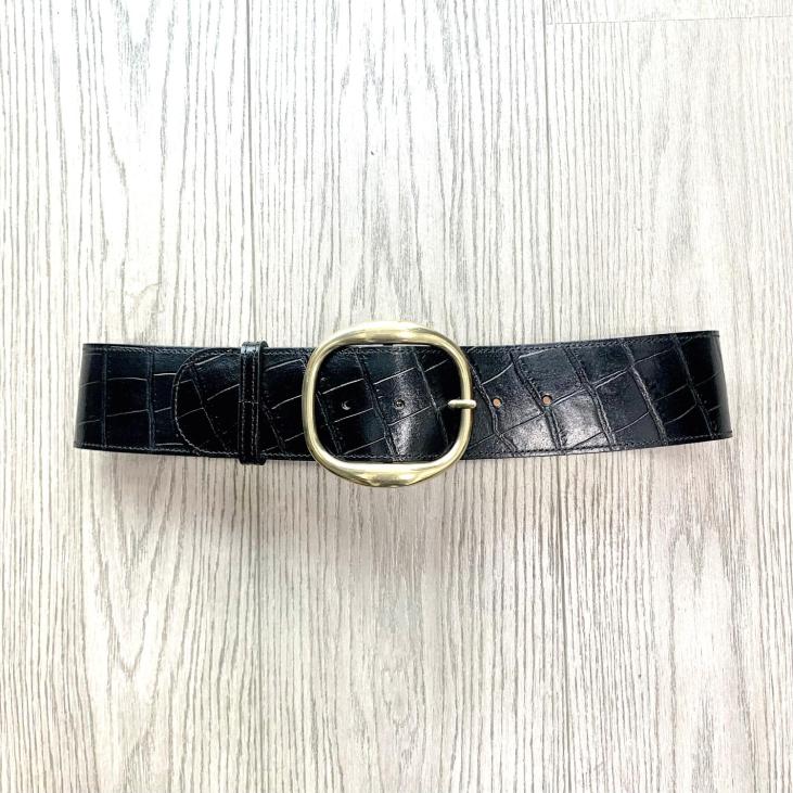 High-waist leather belt with crocodile pattern and gold buckle - Bekaloo