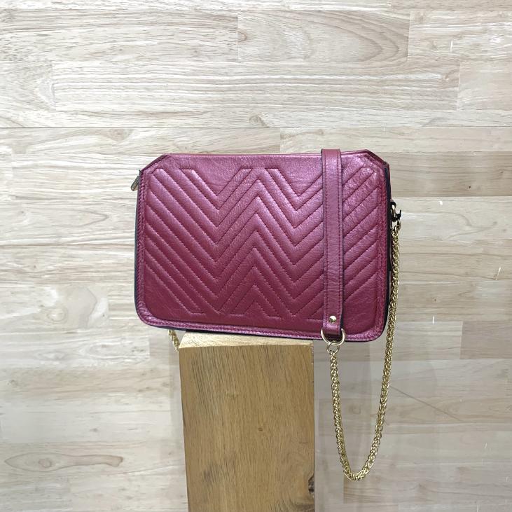 Leather stitched patterns bag with chain - Bekaloo